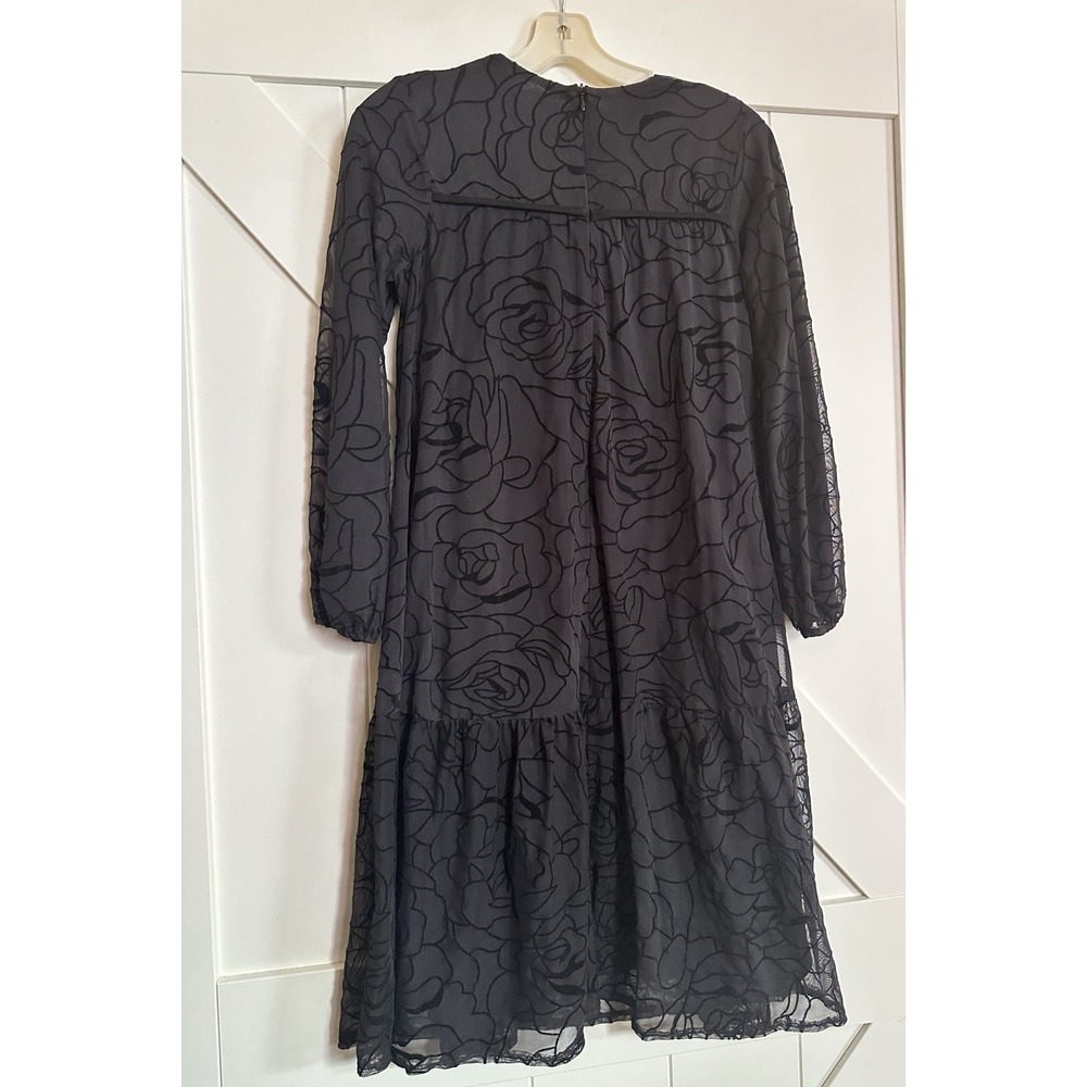 NWT Japparel Indigo Black Velvet Brocade Net Dress‎ Sheer Sleeves Ruffle 16 Jr